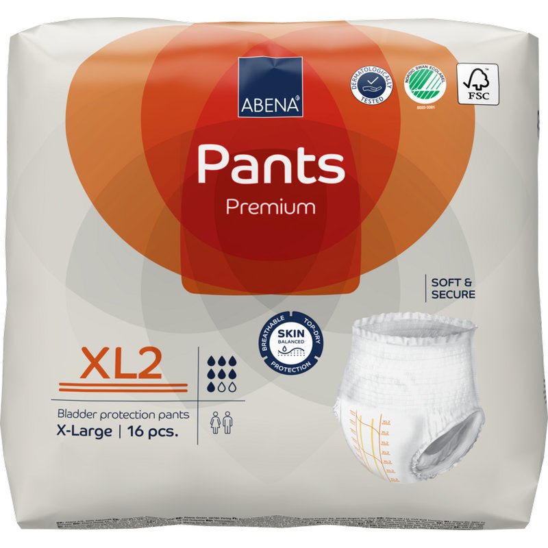 Um pacote de ABENA Pants Premium XL da Abena Re-Seller GmbH, tamanho XL2, contém 16 peças em uma embalagem branca com acentos laranja, logotipos de certificação e uma imagem do produto.