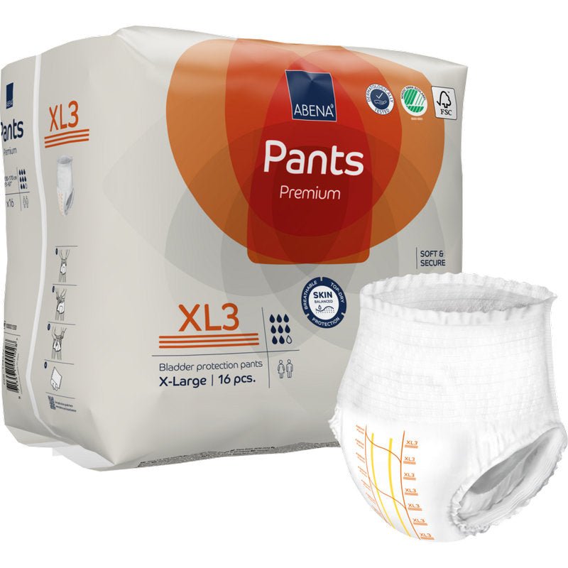Retratado está um pacote de ABENA Pants Premium XL da Abena Re-Seller GmbH, tamanho X-Large (16 peças), com o nome do produto e uma fralda de incontinência com marcações de medição ao lado do pacote.
