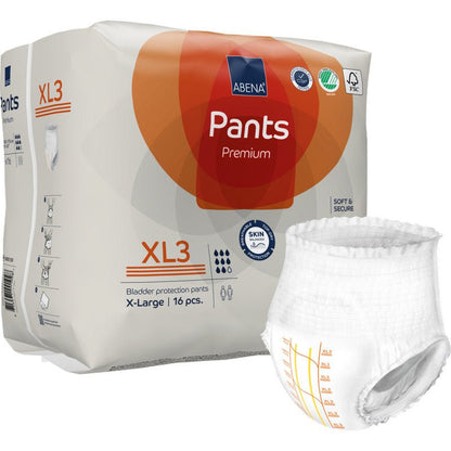 Retratado está um pacote de ABENA Pants Premium XL da Abena Re-Seller GmbH, tamanho X-Large (16 peças), com o nome do produto e uma fralda de incontinência com marcações de medição ao lado do pacote.