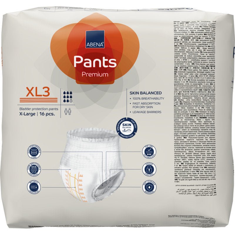 Um pacote de ABENA Pants Premium XL da Abena Re-Seller GmbH (X-Large, 16 fraldas de incontinência respiráveis) está equipado com uma informação do produto, uma imagem e símbolos para respirabilidade e rápida absorção na embalagem.