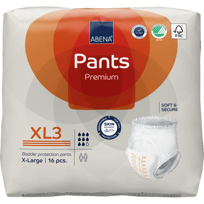 Um pacote de ABENA Pants Premium XL da Abena Re-Seller GmbH, tamanho XL3 extra-large, contém 16 peças. Na embalagem, há logotipos de certificação e a imagem de uma única roupa de proteção.