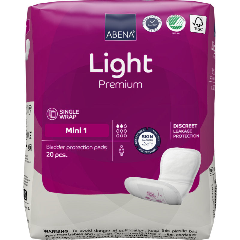 Eine Packung mit 20 ABENA Light Mini 1, Premium Pads von Abena Re-Seller GmbH, für leichte Inkontinenz. Die meist lila-weiße Verpackung zeigt ein einzelnes Pad-Bild in der unteren rechten Ecke.