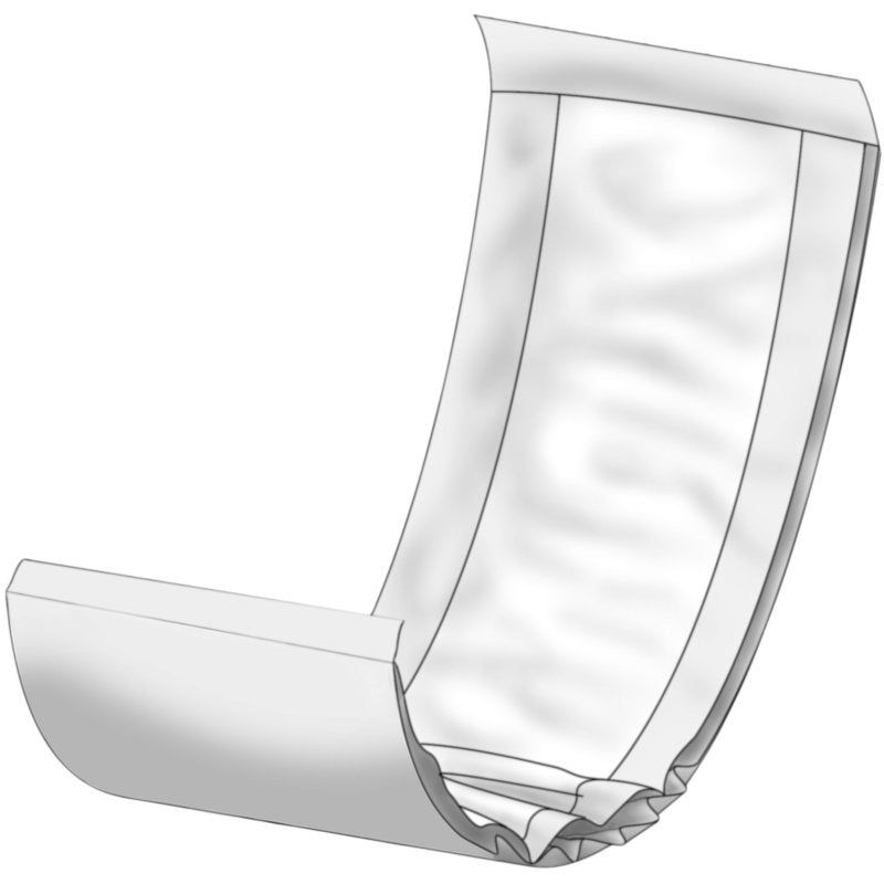 Uma ilustração digital de uma fralda descartável ABENA Let desdobrada da Abena Re-Seller GmbH, mostrada de um ângulo lateral, destaca as camadas internas absorventes e o design contornado para uma absorção de líquidos ideal.