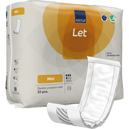 Mostrado está um pacote com 32 ABENA Let Blasenschutzeinlagen da Abena Re-Seller GmbH com uma almofada na frente. A embalagem predominantemente branca possui detalhes em laranja e azul e se assemelha a uma bolsa ABENA Let de alta qualidade.