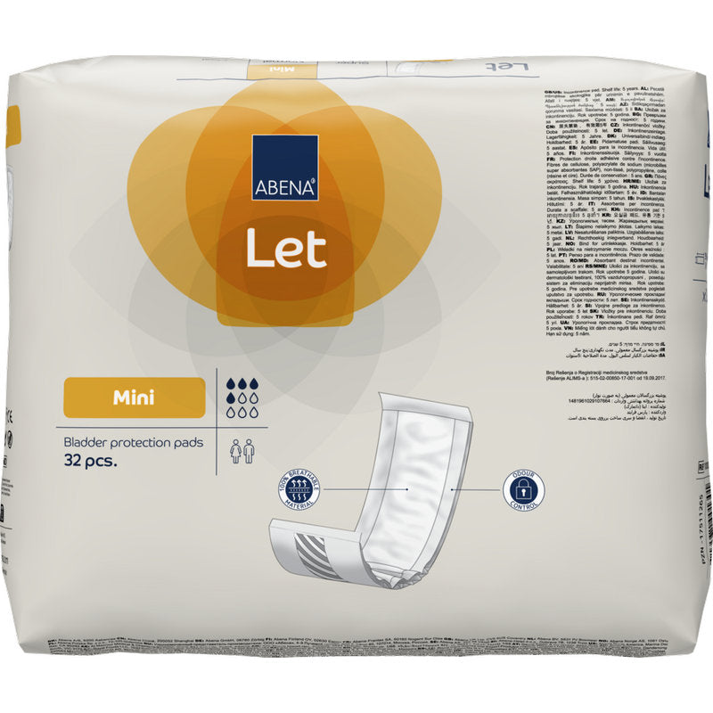 Um pacote com 32 ABENA Let Blasenschutzpads da Abena Re-Seller GmbH impressiona com um design predominantemente branco com detalhes em laranja e uma ilustração de almofada - ideal para armazenamento na sua bolsa resistente.