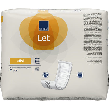 Um pacote com 32 ABENA Let Blasenschutzpads da Abena Re-Seller GmbH impressiona com um design predominantemente branco com detalhes em laranja e uma ilustração de almofada - ideal para armazenamento na sua bolsa resistente.