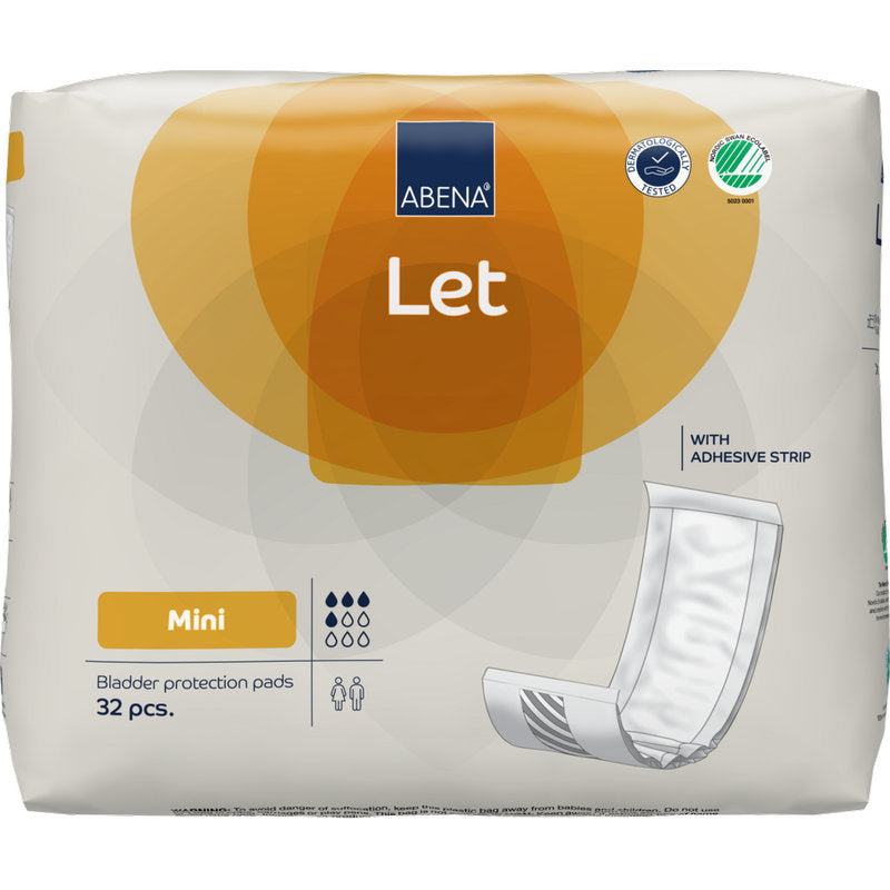 Um pacote com 32 ABENA Let Blasenschutzpads da Abena Re-Seller GmbH é entregue em um saco predominantemente branco com detalhes em laranja e azul, no qual está ilustrada uma almofada com uma tira adesiva.