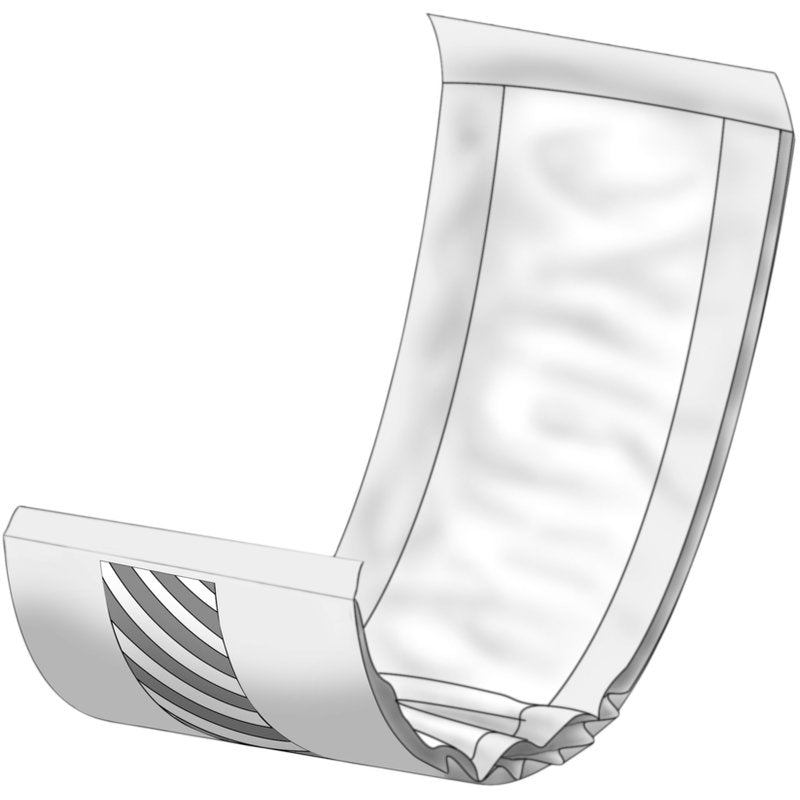 Uma simples ilustração em preto e branco de uma fralda descartável ABENA Let desdobrada da Abena Re-Seller GmbH, destacando o material interno absorvente e as faixas elásticas para as pernas - ideal para levar em uma bolsa de alta qualidade para viagens.