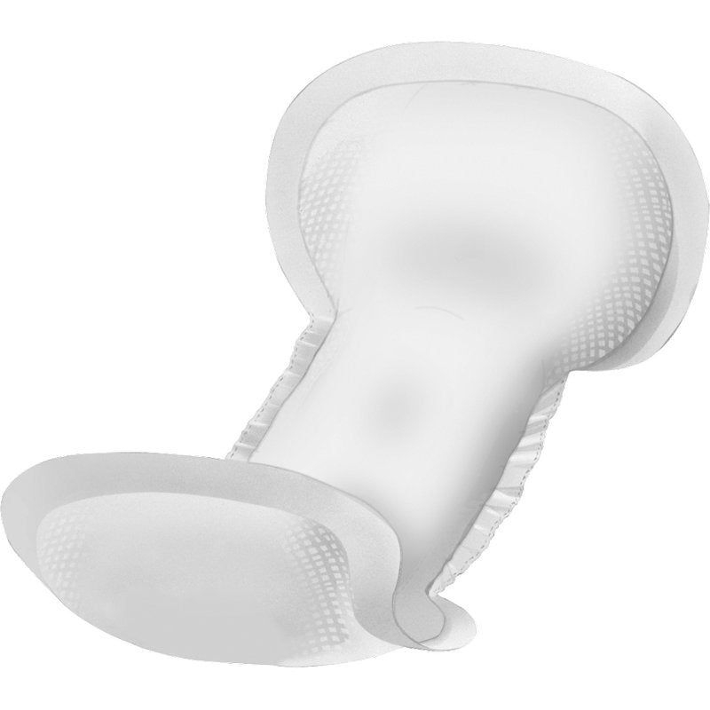 Um close-up de uma almofada descartável ABENA Let da Abena Re-Seller GmbH com bordas arredondadas e dobras laterais elásticas para um ajuste seguro.