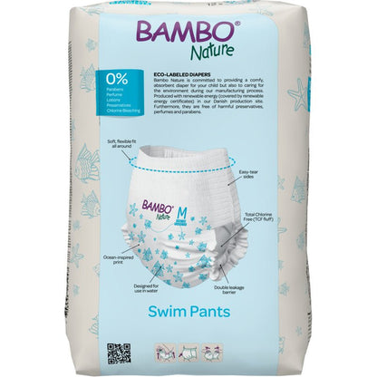 Um pacote de 12 fraldas de natação Bambo Nature, Tam. M (12+ kg) da Abena Re-Seller GmbH: fraldas brancas com motivo de estrela-do-mar azul, com rótulo ecológico e livre de parabenos, loções e fragrâncias.