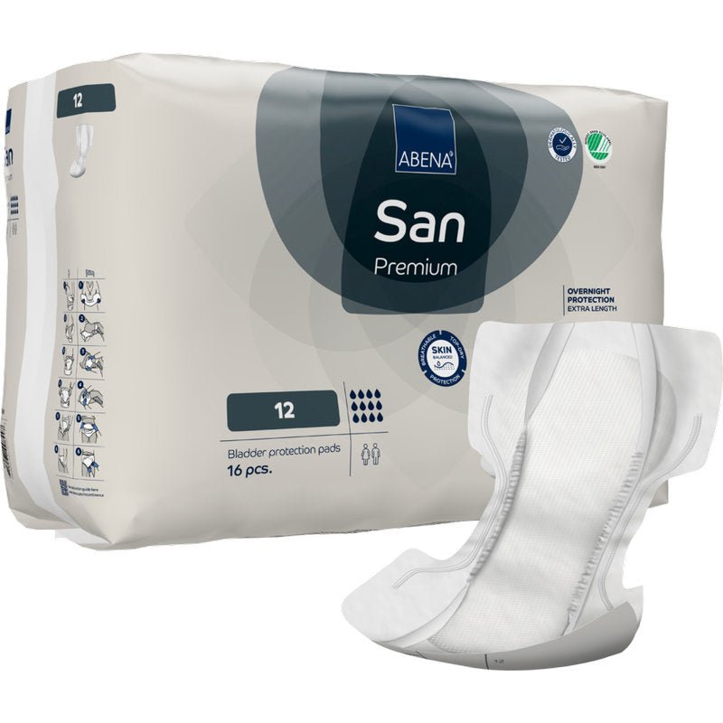 Um pacote ABENA San Premium da Abena Re-Seller GmbH é ilustrado ao lado de um único tampão aberto. Na embalagem estão indicadas a quantidade, a alta capacidade de absorção, a força de absorção e vários símbolos do produto.