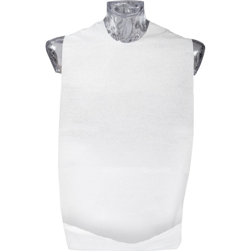 Um torso de manequim transparente exibe o babete descartável ABENA Excellent com bolso, 37x70 cm, Branco (Pacote de 100 unidades) da Abena Re-Seller GmbH, apresentado sobre um fundo branco para uma aparência higiênica.