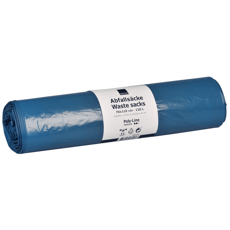 Eine Rolle blauer Abena Re-Seller GmbH Abfallsäcke (120 L, 700x1100 mm, 35 my LLDPE, 25 Säcke) mit einem weißen Etikett in deutscher und englischer Sprache, auf dem die Produktdaten angegeben sind.