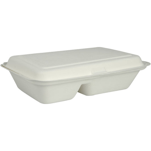 Die Menübox von Abena Re-Seller GmbH aus Bagasse, 2-geteilt in Weiß (25x16,2x6,3 cm), biologisch abbaubar und als Packung mit 50 Stück, ist vor schlichtem weißem Hintergrund abgebildet.
