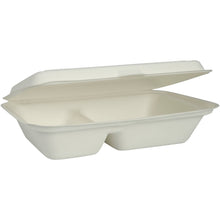 Abgebildet ist eine offene, weiße rechteckige Abena Re-Seller GmbH Menübox (Bagasse, 2-geteilt, 25x16,2x6,3 cm) mit anhängendem Deckel; sie ist biologisch abbaubar und kommt in einer Packung von 50 Stück.