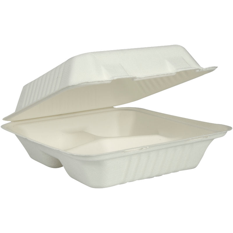 A caixa de menu branca de bagasse da Abena Re-Seller GmbH (3-dividida, 22,3x20x7,8 cm) é vista aberta com a tampa ligeiramente levantada e mostra seus três compartimentos internos. Pacote de 50 unidades.
