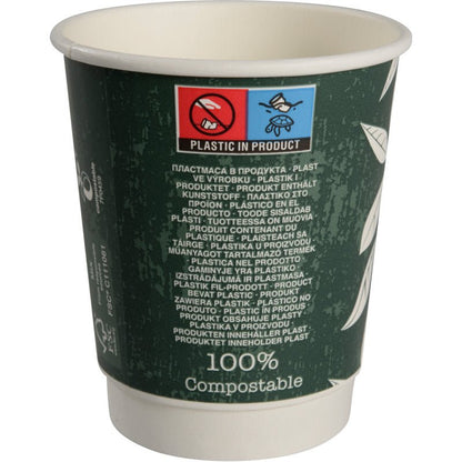 O copo de café de parede dupla Bio "Green Leaves" da Abena Re-Seller GmbH é um copo descartável verde feito de materiais sustentáveis, marcado com "Plástico no produto", "100% compostável" e ideal para bebedores de café conscientes do meio ambiente.