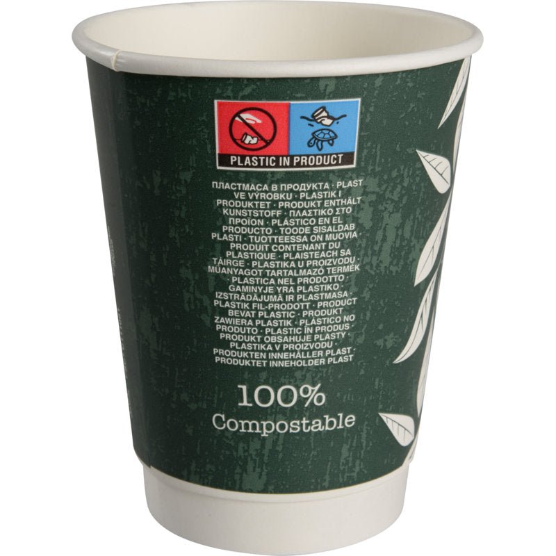 O copo de café de parede dupla Bio "Green Leaves" da Abena Re-Seller GmbH é um copo verde escuro com motivos de folhas brancas, rótulo "100% compostável" e adesivo multilíngue "Plástico no produto" com símbolos de materiais ecológicos.