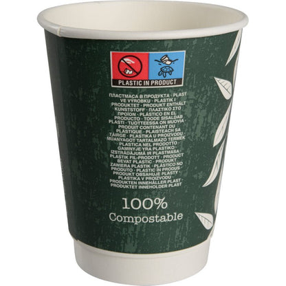 O copo de café de parede dupla Bio "Green Leaves" da Abena Re-Seller GmbH é um copo verde escuro com motivos de folhas brancas, rótulo "100% compostável" e adesivo multilíngue "Plástico no produto" com símbolos de materiais ecológicos.