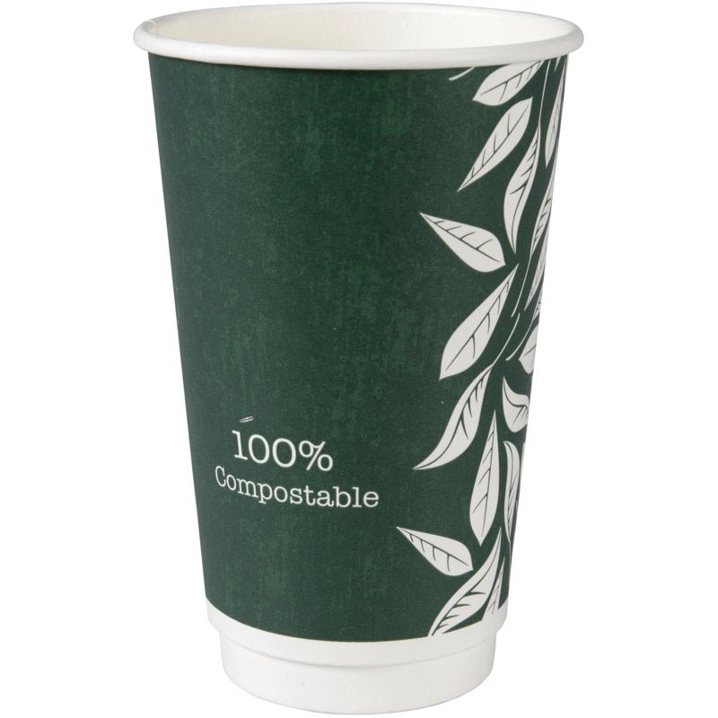 O copo de café de parede dupla Bio "Green Leaves" da Abena Re-Seller GmbH é um copo verde escuro, de parede dupla, com motivo de folhas brancas e inscrição "100% compostável", feito de materiais sustentáveis.