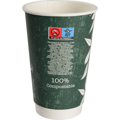 O copo de café de parede dupla Bio "Green Leaves" da Abena Re-Seller GmbH é um copo verde e ecológico com motivos de folhas brancas, um rótulo "100% compostável" e um aviso multilíngue sobre o conteúdo de plástico.