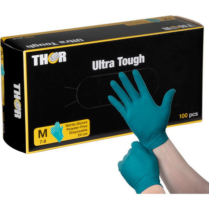 Duas mãos vestem as luvas verdes Thor Ultra Tough da Abena Re-Seller GmbH em frente à caixa. Perfeitas para atividades ao ar livre, estas luvas descartáveis sem pó de tamanho médio têm 24 cm de comprimento e são fornecidas em embalagens de 100 unidades - grandes e robustas.