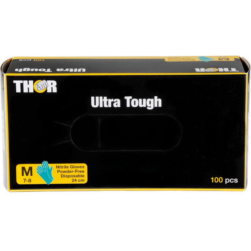 Uma caixa verde com a inscrição "Thor Ultra Tough" da Abena Re-Seller GmbH contém 100 luvas de nitrilo descartáveis de tamanho médio e sem pó (24 cm) - o produto durável ideal para atividades ao ar livre.