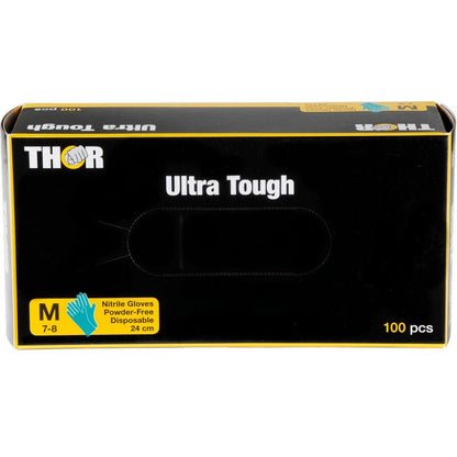 Uma caixa verde com a inscrição "Thor Ultra Tough" da Abena Re-Seller GmbH contém 100 luvas de nitrilo descartáveis de tamanho médio e sem pó (24 cm) - o produto durável ideal para atividades ao ar livre.