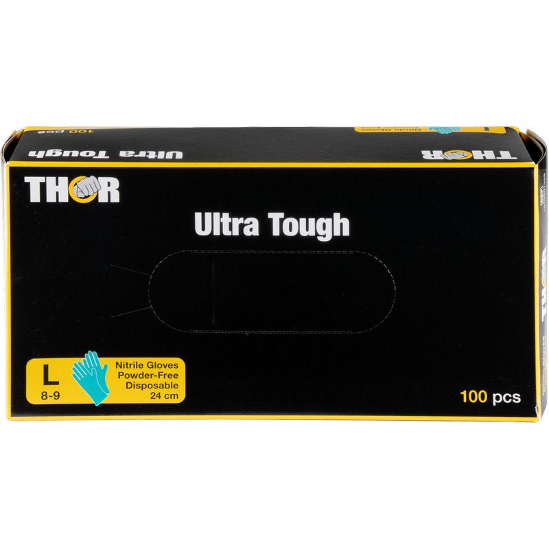 Uma caixa verde com a inscrição "Thor Ultra Tough" da Abena Re-Seller GmbH contém 100 luvas de nitrilo descartáveis grandes e sem pó (tamanho 8-9, 24 cm) - ideal para atividades ao ar livre. Ao lado da indicação de tamanho, aparece uma imagem de luva azul.