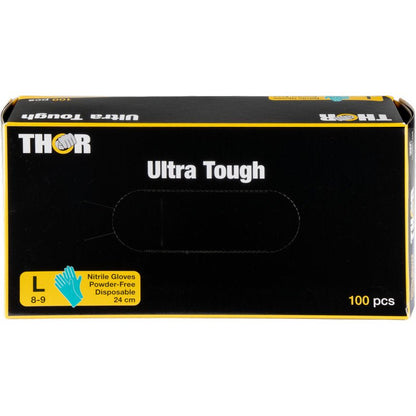 Uma caixa verde com a inscrição "Thor Ultra Tough" da Abena Re-Seller GmbH contém 100 luvas de nitrilo descartáveis grandes e sem pó (tamanho 8-9, 24 cm) - ideal para atividades ao ar livre. Ao lado da indicação de tamanho, aparece uma imagem de luva azul.