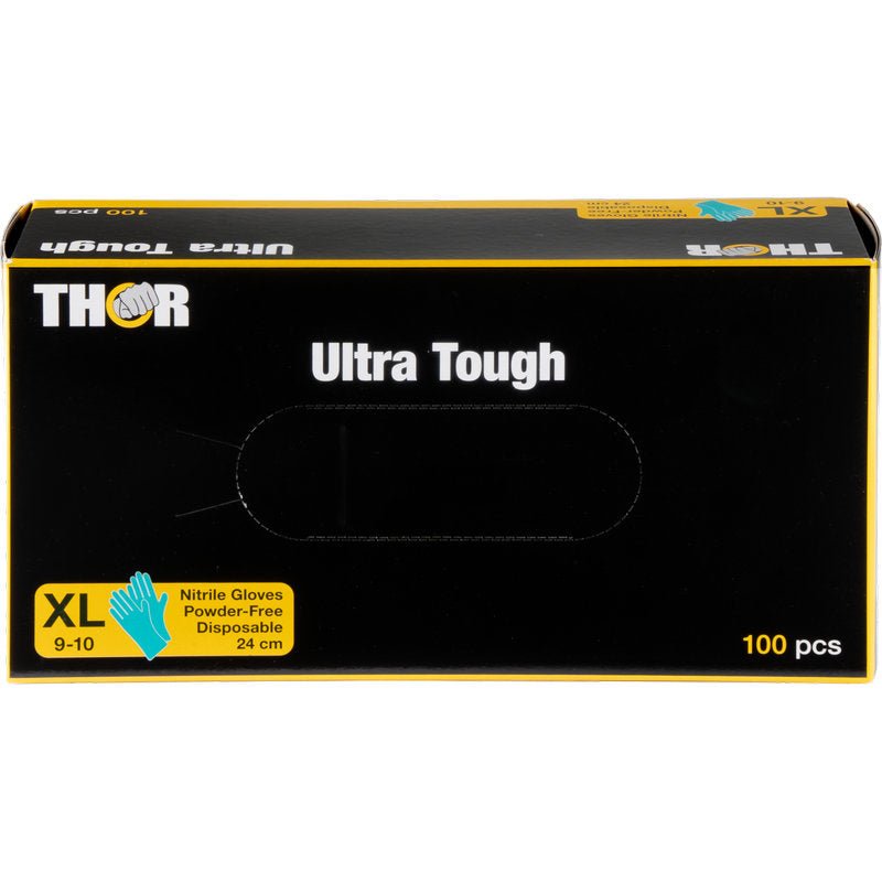 Uma caixa verde com a inscrição "Thor Ultra Tough" da Abena Re-Seller GmbH contém 100 luvas descartáveis de nitrilo sem pó tamanho XL (9-10) com acentos amarelos e azuis - ideal para atividades ao ar livre.