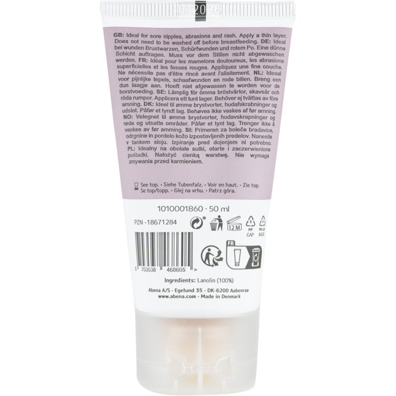 Parte traseira de um tubo de 50 ml Abena Re-Seller GmbH Repair Creme, 100% Lanolina, sem perfume; com texto multilíngue, informações de uso e reciclagem, símbolos de qualidade, código de barras, código de lote, ingredientes. Fabricado na Dinamarca. Disponível em caixa (6 embalagens).