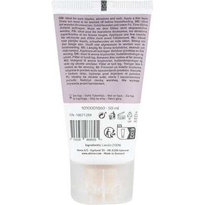 Parte traseira de um tubo de 50 ml Abena Re-Seller GmbH Repair Creme, 100% Lanolina, sem perfume; com texto multilíngue, informações de uso e reciclagem, símbolos de qualidade, código de barras, código de lote, ingredientes. Fabricado na Dinamarca. Disponível em caixa (6 embalagens).