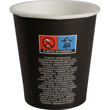 A chávena de café "Beans" da Abena Re-Seller GmbH tem um design preto com símbolo de plástico riscado e rótulo multilingue "PLASTIC IN PRODUCT" - um estilo ecológico, ideal ao lado da sua caneca de cerâmica favorita.