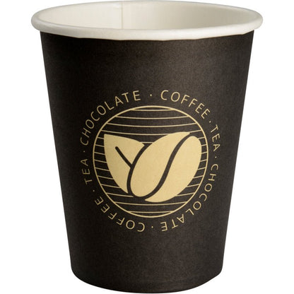 A chávena de café "Beans" da Abena Re-Seller GmbH é um copo de papel preto descartável com interior branco, ilustração de grãos de café dourados e "COFFEE - TEA - CHOCOLATE" repetido no círculo - ideal para amantes de café.