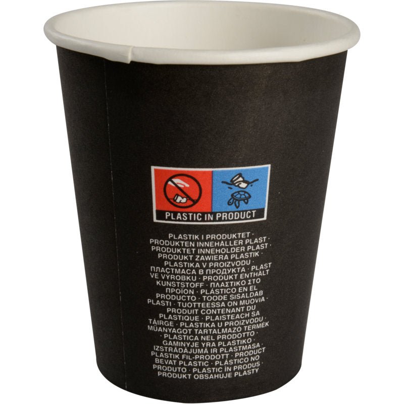 A chávena de café "Beans" da Abena Re-Seller GmbH é uma chávena preta com ícones de No Plastic/No Littering e "Plastic in Product" com traduções - ideal para amantes de café conscientes do ambiente.
