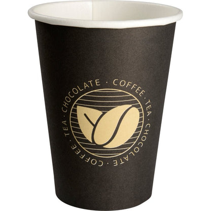 A chávena de café "Beans" da Abena Re-Seller GmbH é preta com interior branco e um logotipo circular dourado com grãos de café e as palavras "COFFEE", "TEA" e "CHOCOLATE" - ideal para qualquer amante de café.