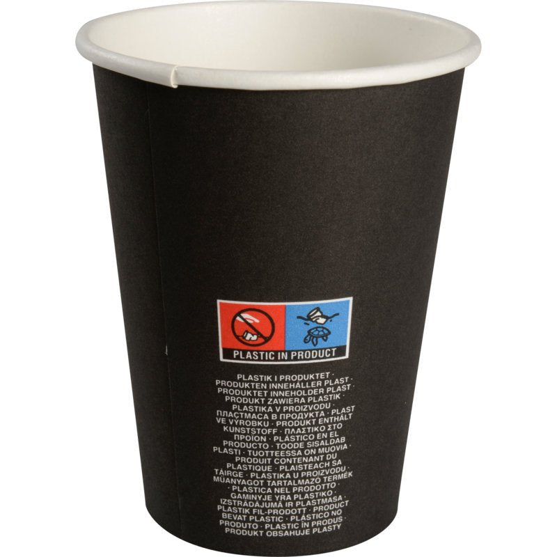 A chávena de café "Beans" da Abena Re-Seller GmbH é um copo de papel preto descartável com interior branco e pictogramas multilingues, bem como rótulo "PLASTIC IN PRODUCT", ideal para amantes de café que prestam atenção à escolha das suas chávenas.