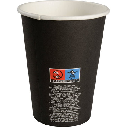 A chávena de café "Beans" da Abena Re-Seller GmbH é um copo de papel preto descartável com interior branco e pictogramas multilingues, bem como rótulo "PLASTIC IN PRODUCT", ideal para amantes de café que prestam atenção à escolha das suas chávenas.
