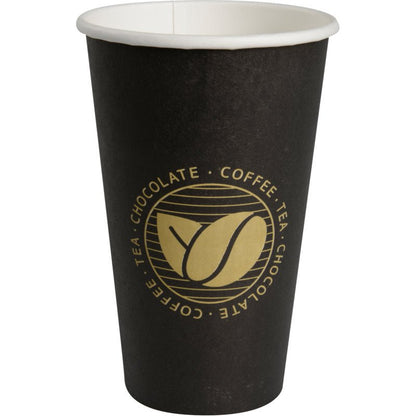 A chávena de café "Beans" da Abena Re-Seller GmbH é um copo de papel preto descartável com borda interna branca, círculo de folhas douradas e a impressão "COFFEE - TEA - CHOCOLATE" - ideal para amantes de café.