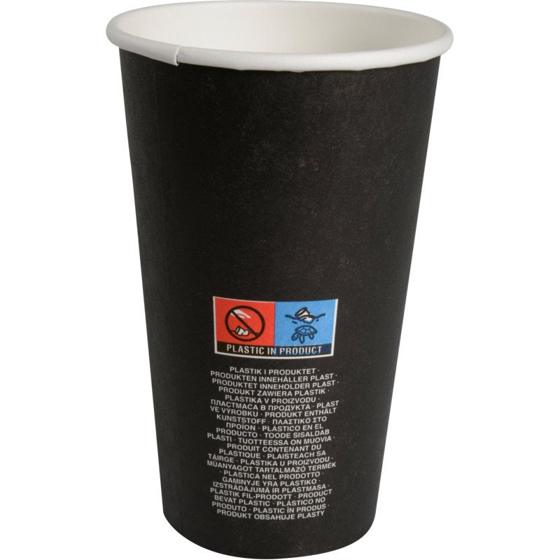 A chávena de café "Beans" da Abena Re-Seller GmbH é um copo de papel preto descartável com interior branco, rotulado com pictogramas vermelhos e azuis e texto multilingue que indica o conteúdo de plástico - perfeito para qualquer amante de café.