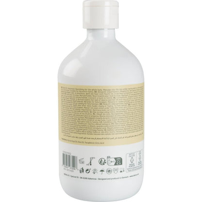 Uma garrafa de plástico branca de Óleo de cuidado da pele da Abena Re-Seller GmbH (500 ml) com tampa branca é mostrada de trás, exibindo informações do produto, ingredientes naturais e instruções em várias línguas - ideal para o cuidado diário da pele. Na parte inferior do rótulo, há ícones.