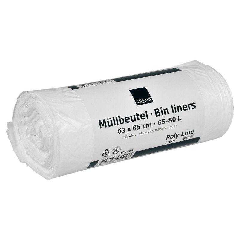 Um rolo de sacos de lixo Abena Re-Seller GmbH 65-80 L, 630x850 mm, 8 my HDPE em branco (40 sacos), rotulado com "Müllbeutel - Bin liners" em alemão e inglês, exibido sobre fundo branco.