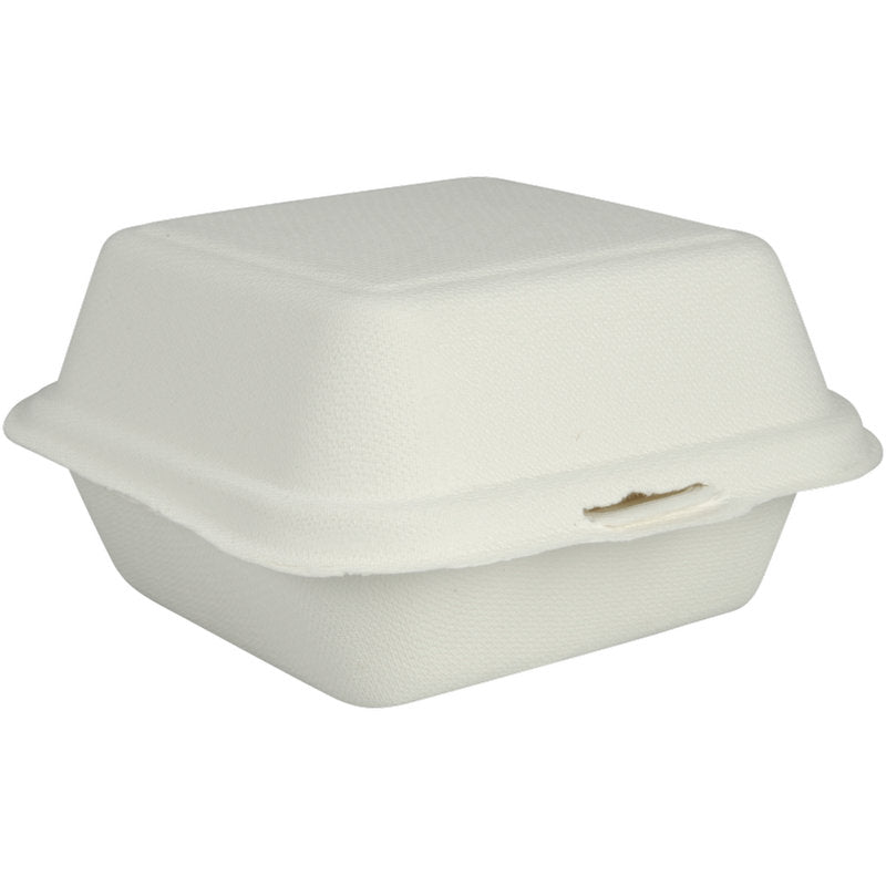 A Burgerbox Bagasse, Branco da Abena Re-Seller GmbH é um recipiente de alimentos retangular, fechado e branco para levar, feito de material biodegradável com superfície texturizada e fecho frontal - perfeito como embalagem ecológica para suas refeições.
