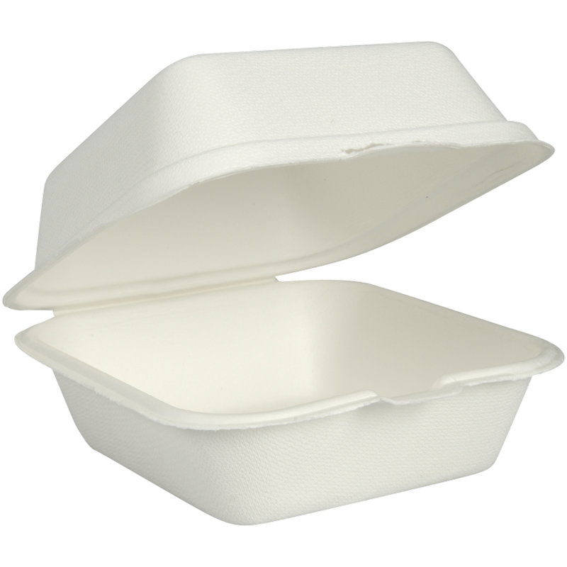 A Burgerbox Bagasse, Branco da Abena Re-Seller GmbH é um recipiente retangular branco para levar, feito de fibra moldada biodegradável. Aberto com a tampa levantada, o interior limpo é ideal para embalagem ecologicamente correta.