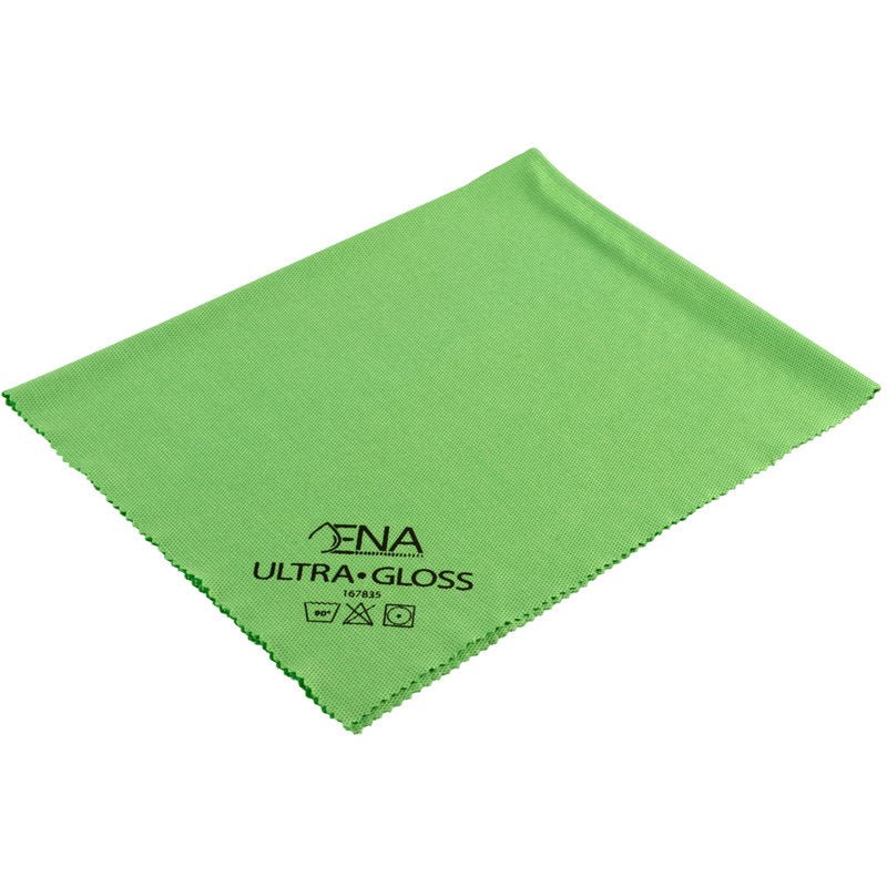 O pano para janelas ENA Ultra Gloss da Abena Re-Seller GmbH, Verde 40x40 cm, pacote (5 peças), possui bordas onduladas e símbolos de cuidados impressos - perfeito para a limpeza de janelas e janelas sem manchas.