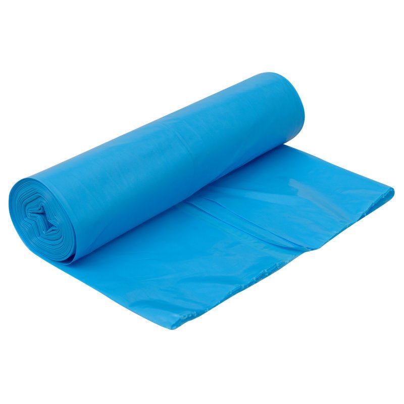 Um rolo de sacos de lixo da Abena Re-Seller GmbH para Sækko Boy 60 (35 my LLDPE) está parcialmente desenrolado, revelando várias seções planas de sacos de lixo azuis sobre um fundo branco.