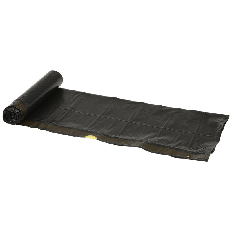 Um rolo de sacos de lixo Abena Re-Seller GmbH 120 L, c/ fita de fecho, 700x1010mm 55 my Preto (10 sacos/rolo), com um desdobramento parcial em fundo branco - ideal para eliminação de resíduos pesados.
