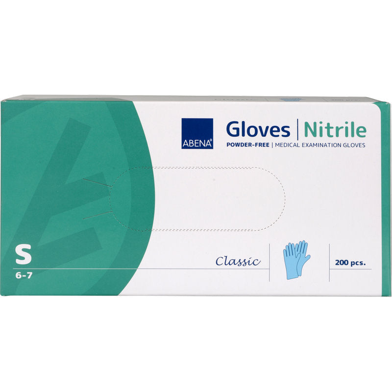 Uma caixa de luvas de nitrilo Classic, sem pó, azul, tamanho S (6-7) da Abena Re-Seller GmbH contém 200 unidades. A embalagem verde-branca com imagem de luva é ideal para uso médico.