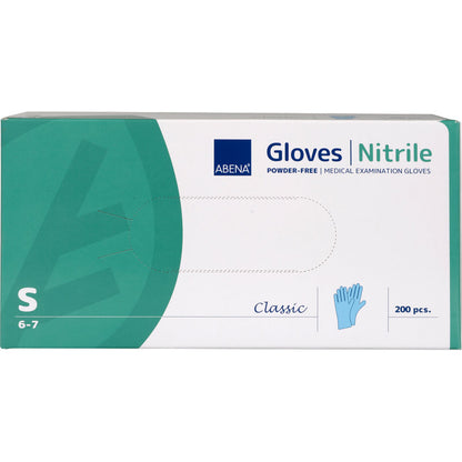 Uma caixa de luvas de nitrilo Classic, sem pó, azul, tamanho S (6-7) da Abena Re-Seller GmbH contém 200 unidades. A embalagem verde-branca com imagem de luva é ideal para uso médico.
